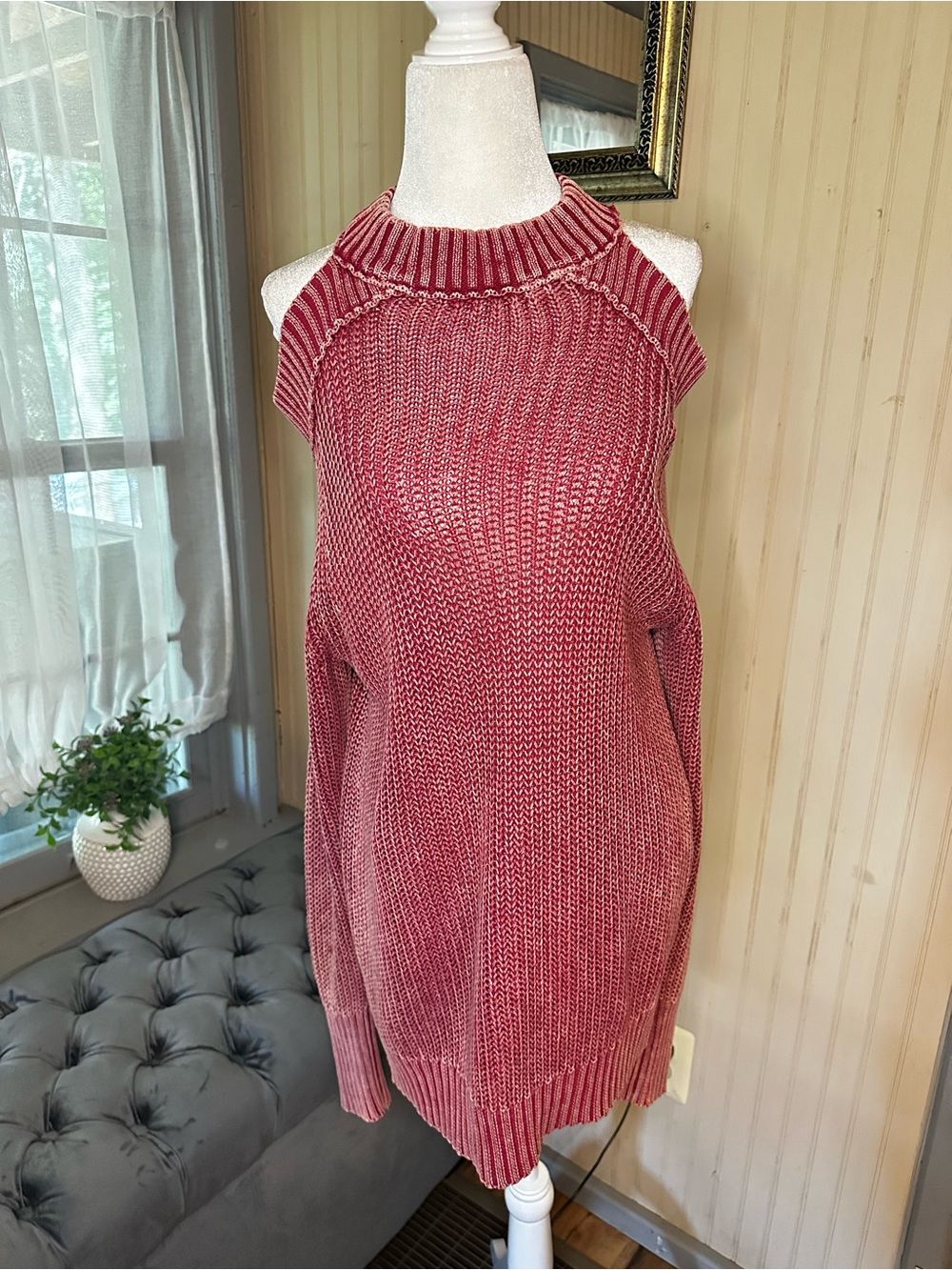 Free People XS Pink Acid Wash Cold Shoulder Open Back Cotton Knit Sweater